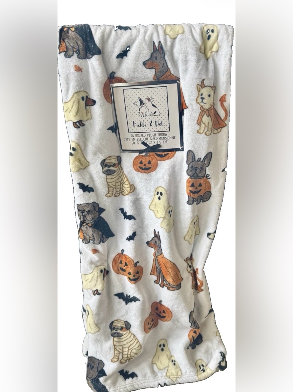 Pickle & Dot Halloween Throw Blanket w/Dogs in Costumes Bats Ghosts Pumpkins NWT